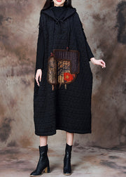 Loose Black Hooded Patchwork Cotton Filled Dresses Winter