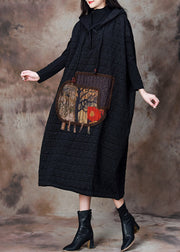 Loose Black Hooded Patchwork Cotton Filled Dresses Winter