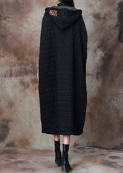 Loose Black Hooded Patchwork Cotton Filled Dresses Winter