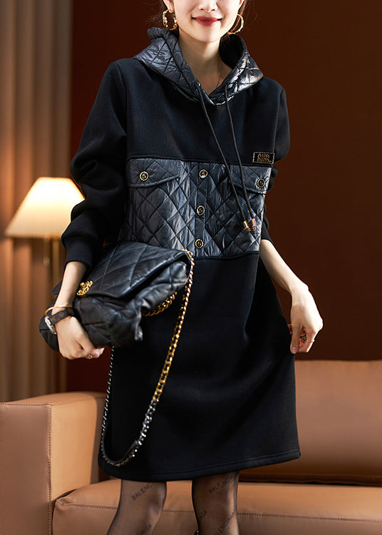 Loose Black Hooded Patchwork Cotton Filled Sweatshirt Mid Dresses Spring