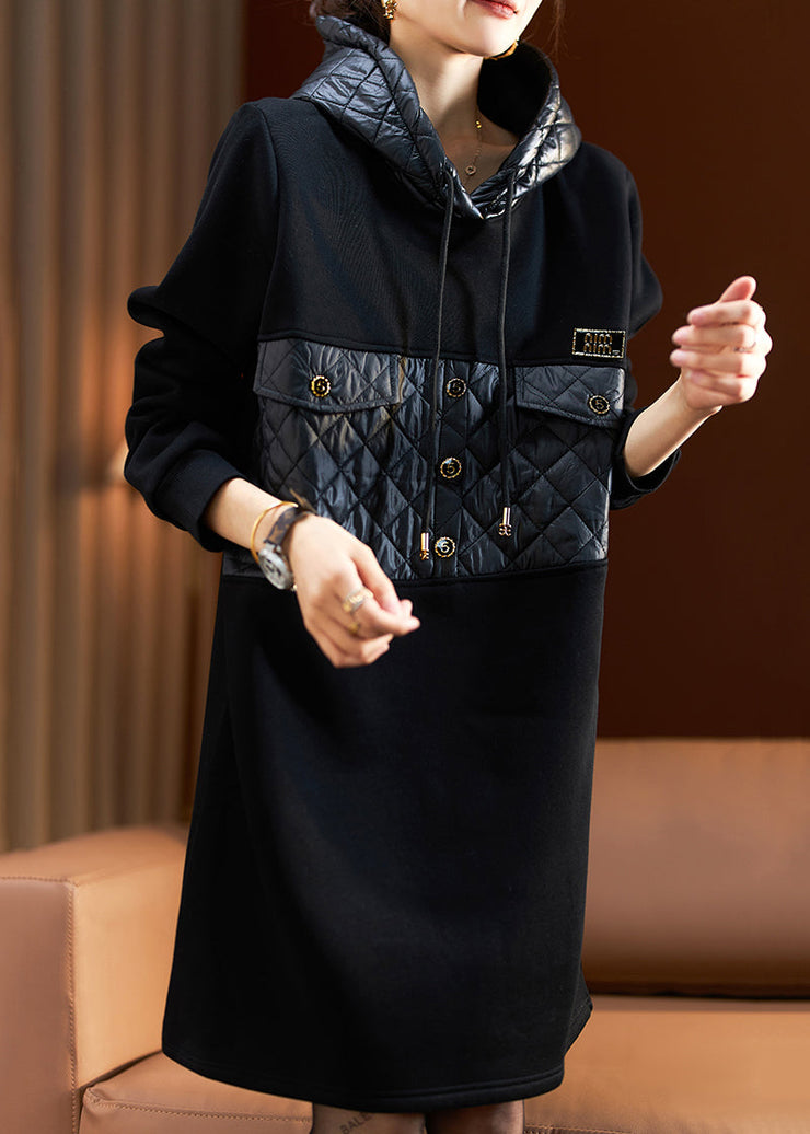 Loose Black Hooded Patchwork Cotton Filled Sweatshirt Mid Dresses Spring