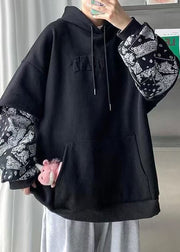 Loose Black Hooded Patchwork False Two Pieces Warm Fleece Men Sweatshirt Spring