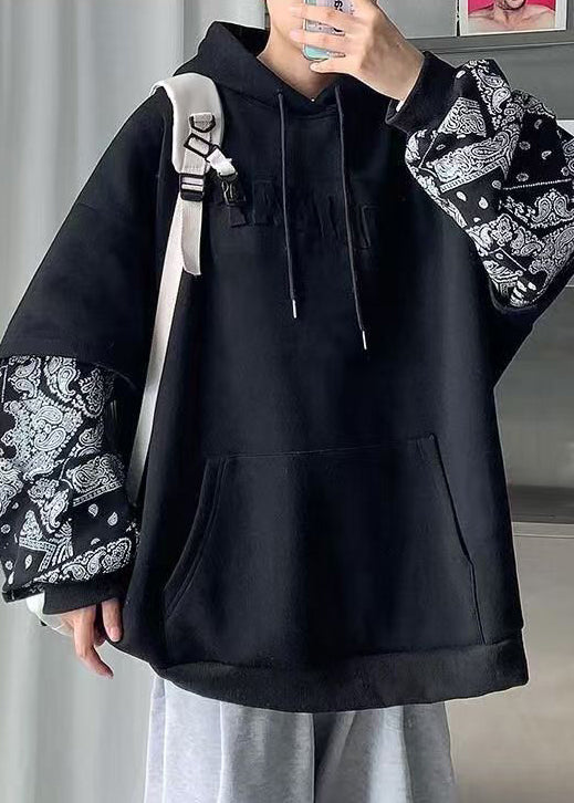 Loose Black Hooded Patchwork False Two Pieces Warm Fleece Men Sweatshirt Spring