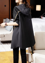 Loose Black Hooded Pockets Patchwork Cotton Trench Coat Long Sleeve