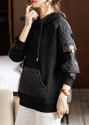 Loose Black Hooded Pockets Patchwork Thick Sweatshirts Fall