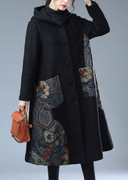 Loose Black Hooded Pockets Print Warm Mink Hair Woolen Trench Winter