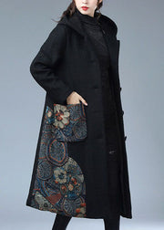 Loose Black Hooded Pockets Print Warm Mink Hair Woolen Trench Winter