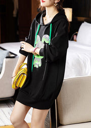 Loose Black Hooded Print Patchwork Cotton Dresses Fall