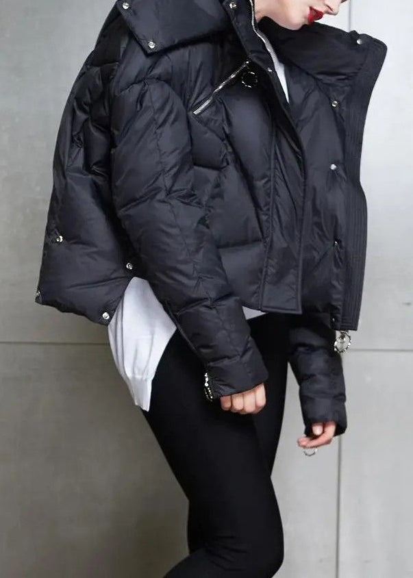 Loose Black Hooded Zip Up Duck Down Down Coat Winter