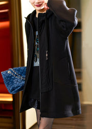 Loose Black Hooded Zippered Patchwork Thick Coats Spring