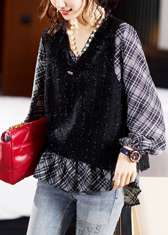 Loose Black Low High Design Patchwork False Two Pieces Top Fall