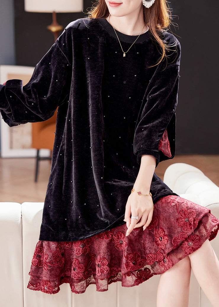 Loose Black Nail Bead Lace Patchwork Silk Velvet Dress Winter