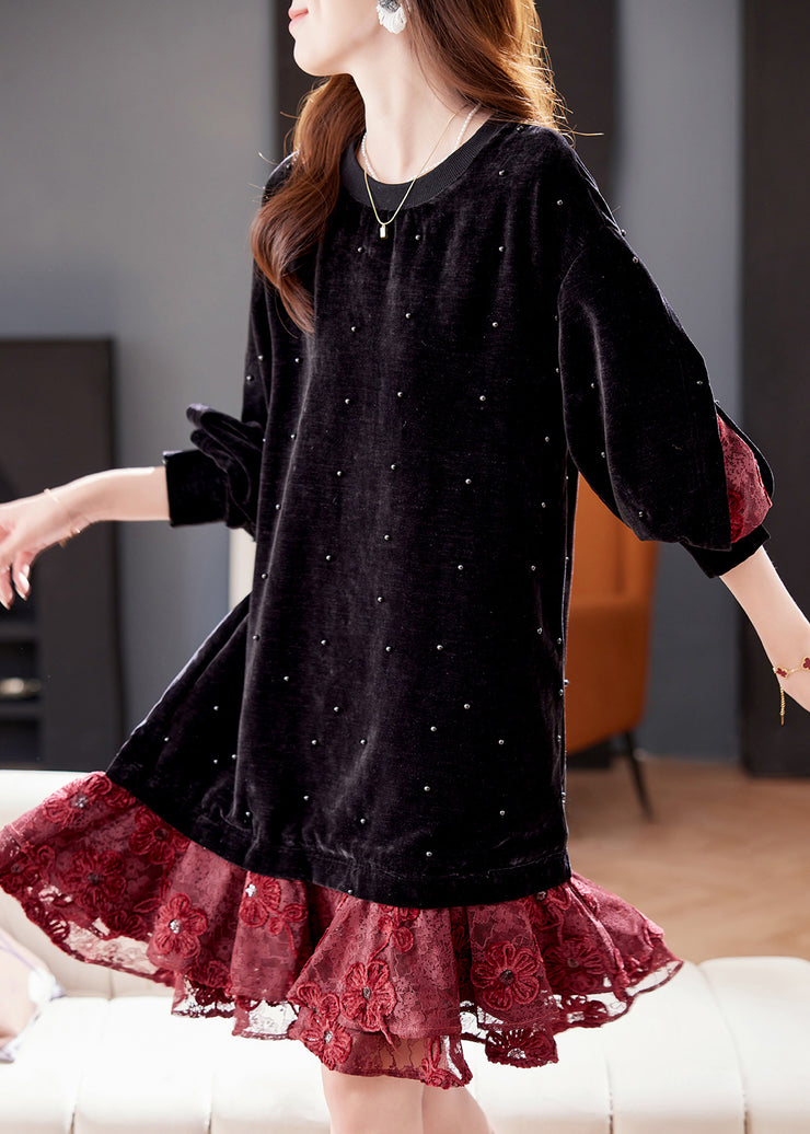 Loose Black Nail Bead Lace Patchwork Silk Velvet Dress Winter