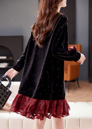 Loose Black Nail Bead Lace Patchwork Silk Velvet Dress Winter