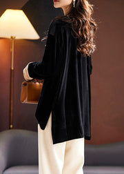 Loose Black Nail Bead Patchwork Silk Velour Top Long Sleeve