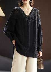 Loose Black Nail Bead Side Open Lace Shirt Spring