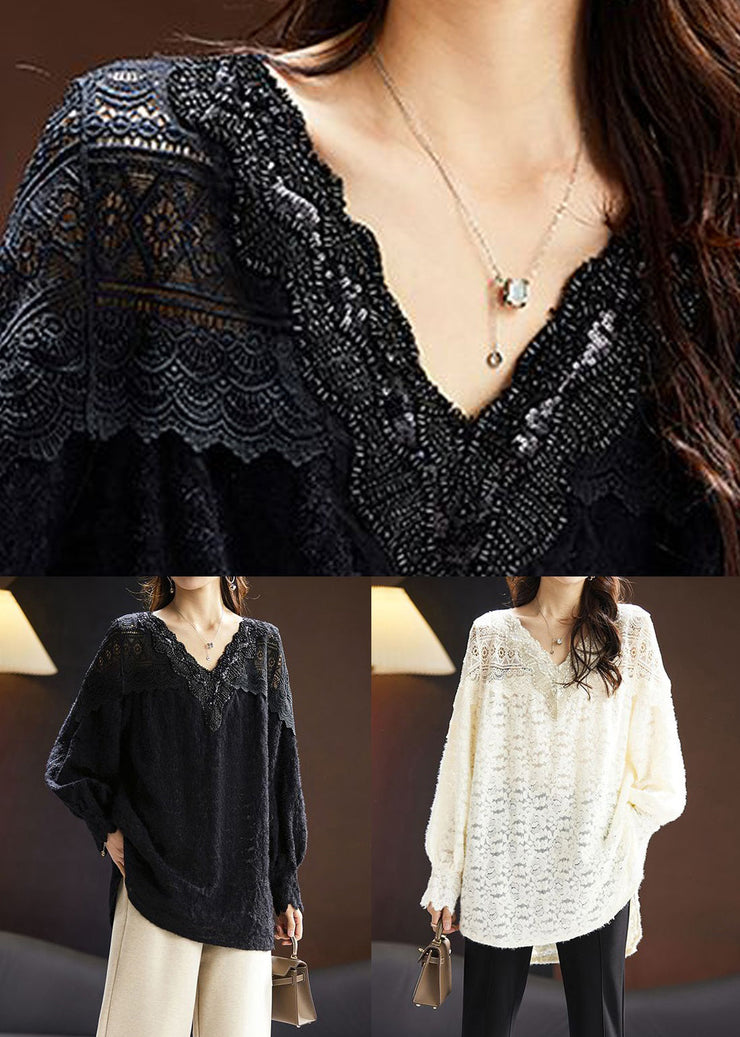 Loose Black Nail Bead Side Open Lace Shirt Spring