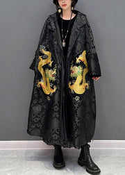 Loose Black Notched Print Bow Button Trench Coats Fall