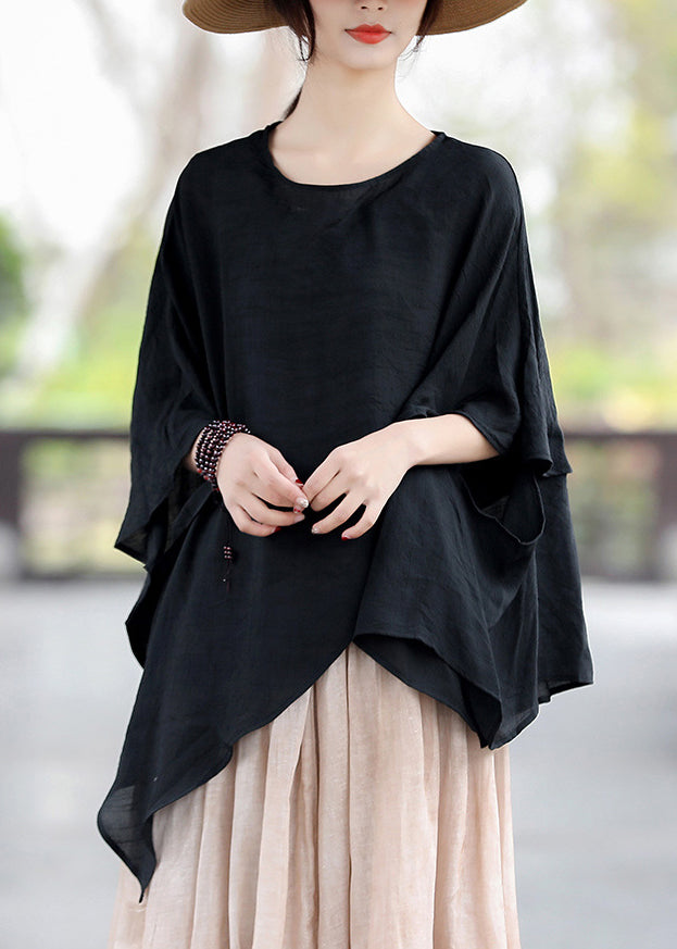 Loose Black O Neck Asymmetrical Cotton T Shirt Tops Summer