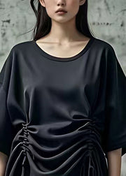 Loose Black O-Neck Asymmetrical T Shirt Short Sleeve