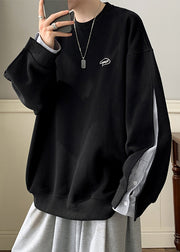 Loose Black O Neck Button False Two Pieces Cotton Men Sweatshirt Spring