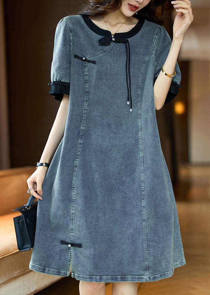 Loose Black O Neck Button Patchwork Denim Dress Summer