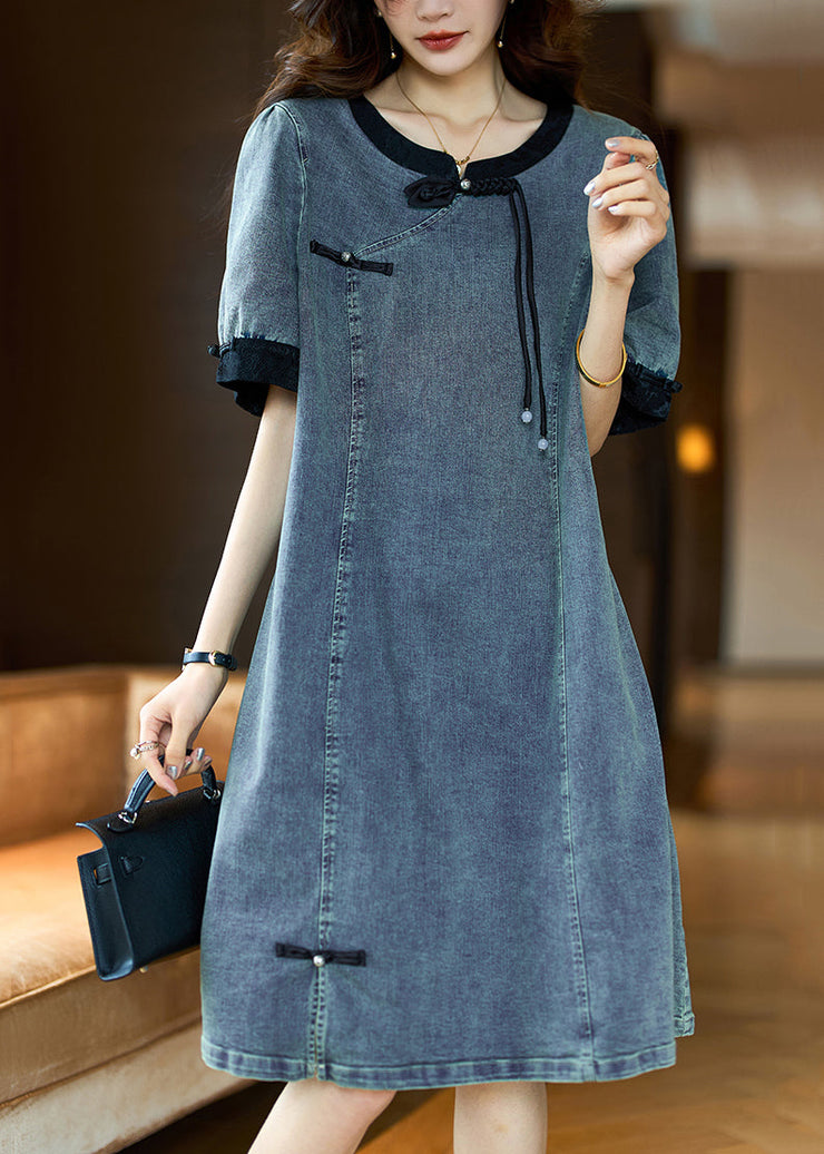 Loose Black O Neck Button Patchwork Denim Dress Summer