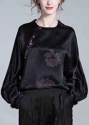 Loose Black O-Neck Button Print Silk Blouses Fall