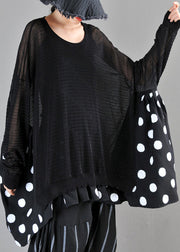 Loose Black O-Neck Dot Print Patchwork Knit Cotton Top Long Sleeve