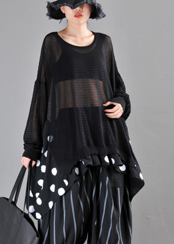 Loose Black O-Neck Dot Print Patchwork Knit Cotton Top Long Sleeve