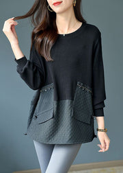 Loose Black O Neck Drawstring Knit Patchwork Top Fall