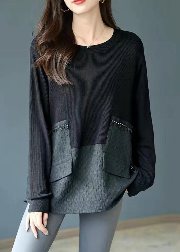 Loose Black O Neck Drawstring Knit Patchwork Top Fall