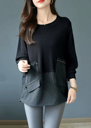 Loose Black O Neck Drawstring Knit Patchwork Top Fall