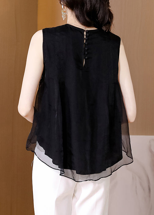 Loose Black O-Neck Embroidered Tulle Tank Sleeveless