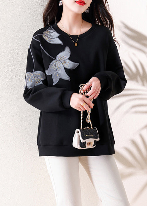 Loose Black O Neck Embroidered Patchwork Cotton Tops Fall