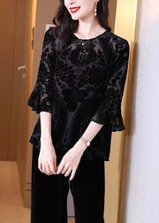 Loose Black O Neck Embroidered Patchwork Silk Velour Lantern Sleeve