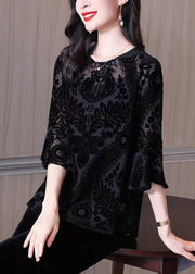 Loose Black O Neck Embroideried Patchwork Silk Velour Lantern Sleeve