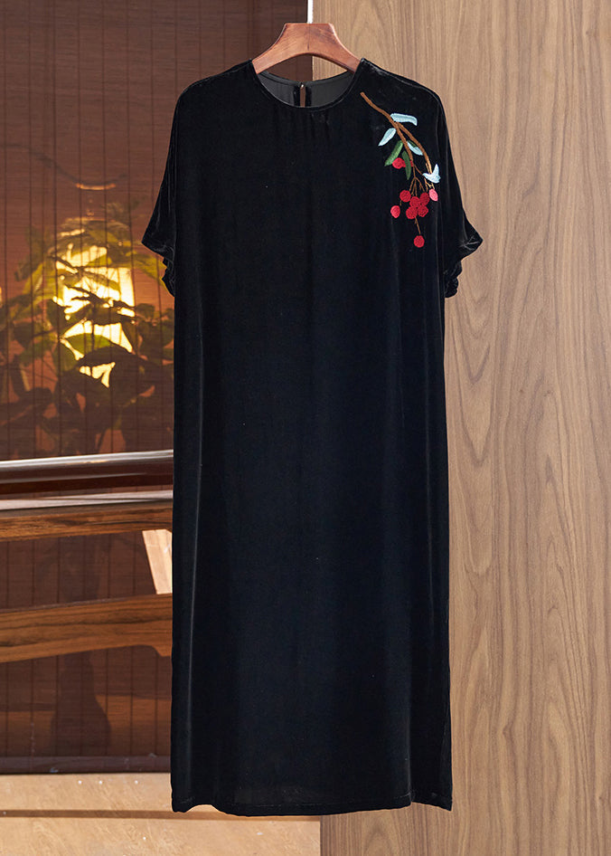 Loose Black O Neck Embroidered Silk Velour Dresses Fall