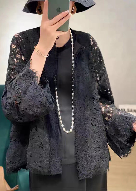 Loose Black O Neck Hollow Out Patchwork Lace Cardigans Flare Sleeve