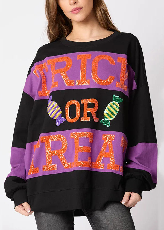 Loose Black O Neck Letter Cotton Sweatshirt Fall