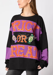 Loose Black O Neck Letter Cotton Sweatshirt Fall