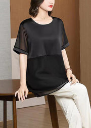 Loose Black O Neck Patchwork Chiffon T Shirt Tops Summer