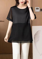 Loose Black O Neck Patchwork Chiffon T Shirt Tops Summer