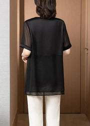 Loose Black O Neck Patchwork Chiffon T Shirt Tops Summer