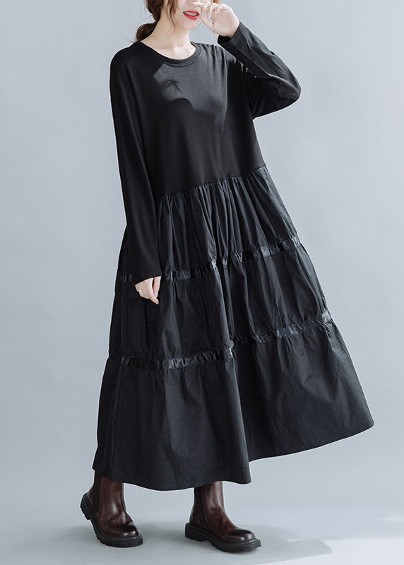 Loose Black O-Neck Patchwork Cotton Holiday Dress Spring