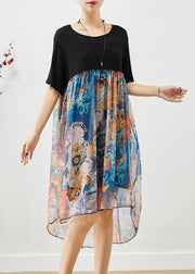 Loose Black O-Neck Patchwork Print Chiffon Beach Dress Summer