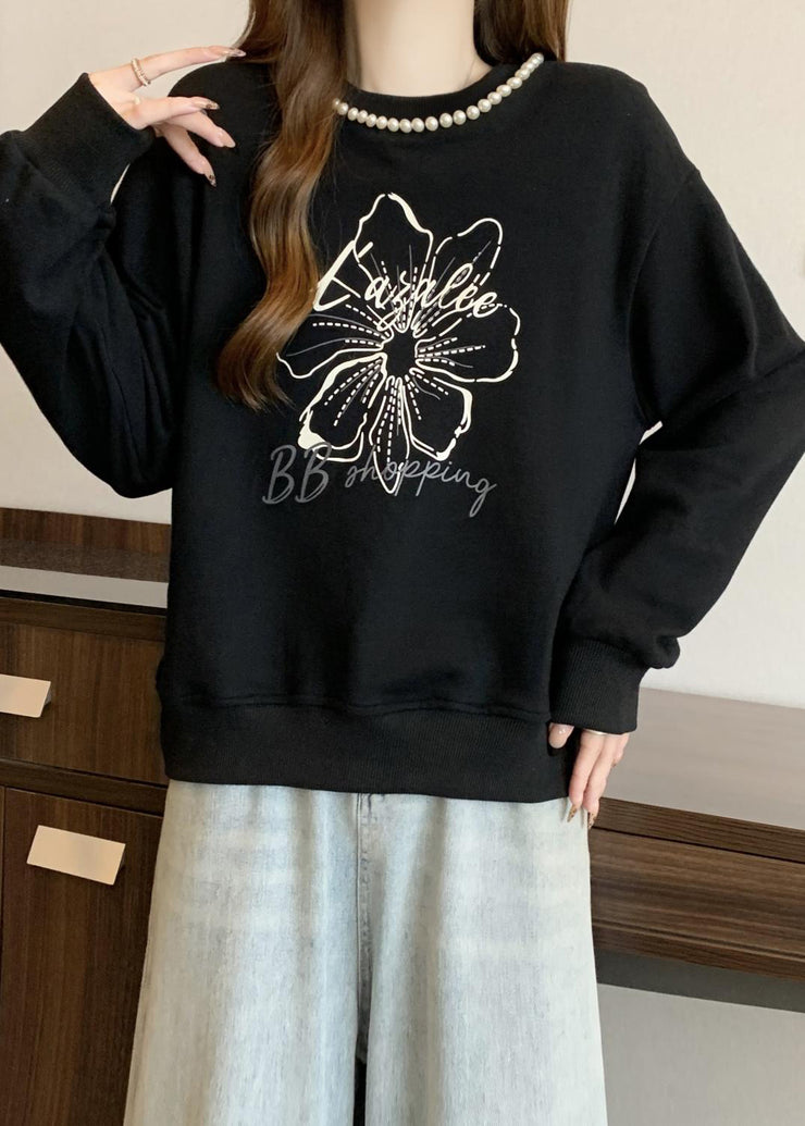 Loose Black O-Neck Pearl Print Cotton Sweatshirts Fall