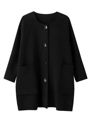 Loose Black O-Neck Pockets Button Coats Long Sleeve