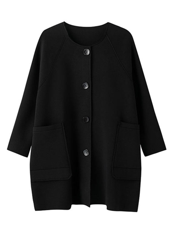 Loose Black O-Neck Pockets Button Coats Long Sleeve