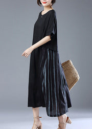 Loose Black O Neck Pockets Patchwork Cotton Long Dress Summer